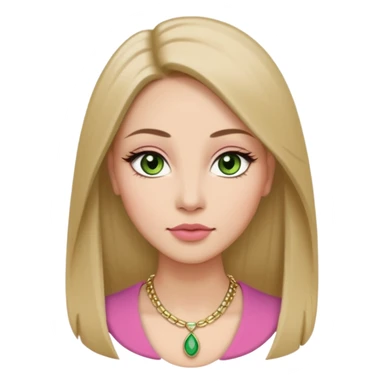 ,Adult woman avatar, light skin tone, oval face, long straight ash-brown hair, green almond-shaped eyes with dramatic eyelashes and minimal eyeliner, neutral mouth, medium straight eyebrows, small nose, natural pink lips, smooth skin with light natural blush sticker