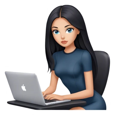 Glamours tanned very beautiful girl with pump peach nude lips and black straight smooth long hair, blue-grey eyes in beautiful short sleeves black bodysuit with MacBook sticker