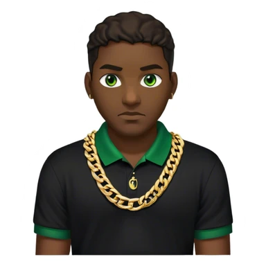 Homme Antillais avec des looks des yeux verts, des chaine en or épaisses en força ou maille cubaine originaire de Martinique avec un polo noir  sticker