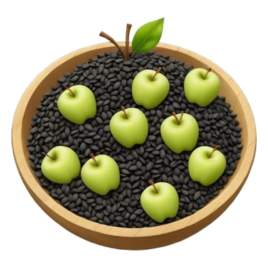 small scattered heap of tiny matte black seeds with irregular triangular shapes and slightly rough texture, loose organic pile with a few seeds dispersed around the base, no bowl or extras, apple emoji style, soft lighting, subtle shadows, transparent background, emoji scale sticker