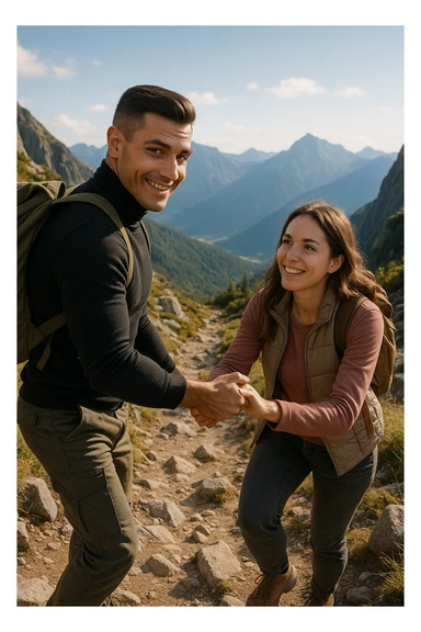 a man and woman climb a mountain trail together, the man leading but frequently looking back to ensure the woman is comfortable and supported. The woman follows with determination and a smile, symbolizing trust, encouragement, and the value of supportive leadership within a relationship. sticker