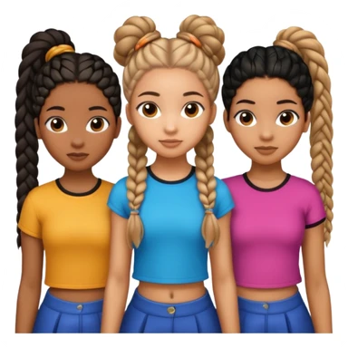3 black teenage girls. One with shoulder length long curly hair and a little light skinned. One with Carmel skin with two long straight ponytails. One a little darker with 6 straight back braids going into buns in the back sticker