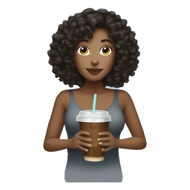 Woman with dark curly hair drinking iced coffee sticker