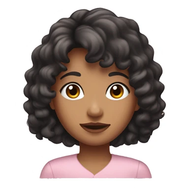 woman with long black curly hair and bangs and dark brown eyes, wearing a pastel pink blouse sticker