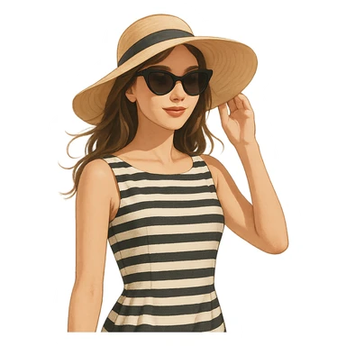 a girl with chic Riviera style, sun hat, striped dress, sunglasses, relaxed summer vibe sticker