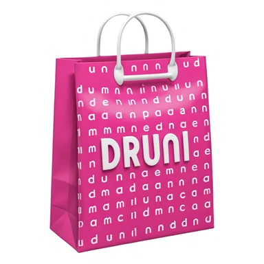 Fuchsia pink paper bag with white handles, repeating DRUNI pattern in light pink and a large vertical 'DRUNI' in bold white letters in the center, iOS emoji style, shiny and realistic. sticker