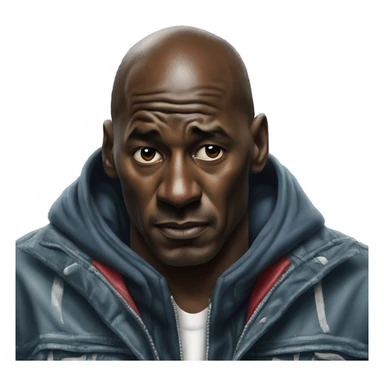 Michael Jordan in a jacket holds his head and is sad photorealistic serious sticker