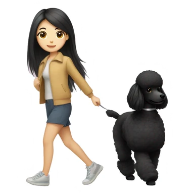 One Korean girl with black long straight hair with one black poodle is walking. sticker