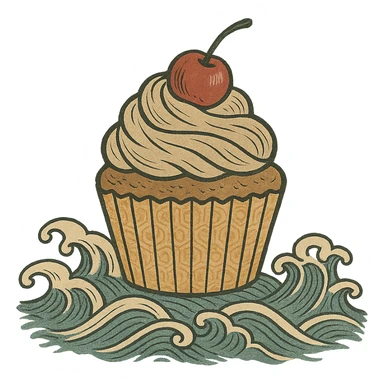 cupcake, traditional Japanese print, stylized waves, ukiyo-e style sticker