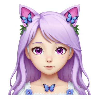 female anime character with pink eyes long white hair periwinkle highlights and cat ears on her head. She is wearing a white dress with purple flowers and butterfly. sticker