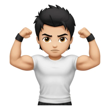 generate a pretty tan bratz boy with black messy hair flexing his biceps. wearing white tshirt sticker