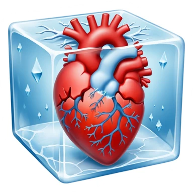 A highly detailed, realistic human heart frozen solid inside a transparent cube of ice, with visible cracks, frost, and cold mist surrounding it, dramatic lighting, dark background sticker