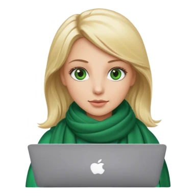 blond women skine , with green eyes , with scarf . with macbook sticker