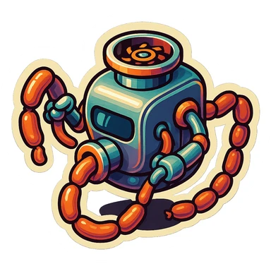 sausage-processing droid. retro-futuristic style. top is a circular industrial hole rotating gears and blades. Two robotic arms feed material into grinder. Sausage links extrude from the rear like  factory. The body is metallic, compact, and floats above the ground.no legs. Dark humor sticker