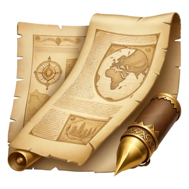 An icon featuring an ancient scroll, a quill, and a historical artifact like a shield or coin. The design includes a backdrop of old maps and timelines, symbolizing the study of past events and civilizations. Transparent background highlights the exploration of history. sticker