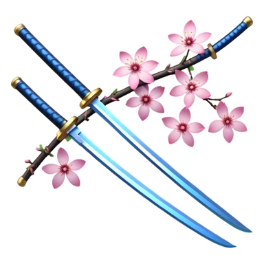 Blue katana with multiple sakura flowers behind it And Sakura leaves and branch added blue glowing katana with accent words sticker