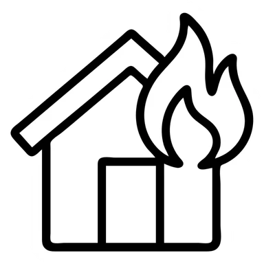 a house on fire, black color, outlined icon style sticker