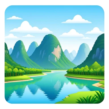 Li River karst mountains Guilin, simplified emoji style with bold outlines and bright colors, cartoon style mountains with river sticker