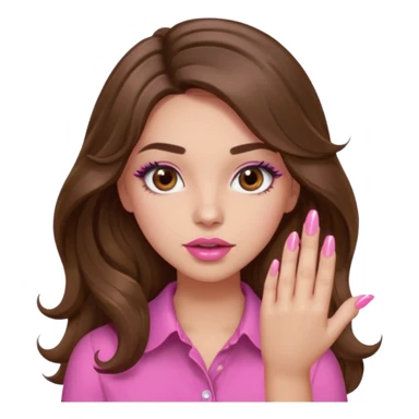 girl with long wavy brown hair, brown eyes, light to medium complexion, in a pink shirt, pink lips, long lashes, puckered lips, showing off a pink manicure sticker