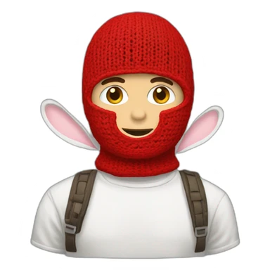 A WHITE GUY WEARING A RED CROCHET BALACLAVA with bunny ears sticker