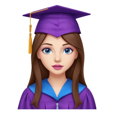 girl with beautiful very long brown hair, blue eyes, long lashes makeup, sexy pink lips, wearing a purple graduation cap and gown sticker
