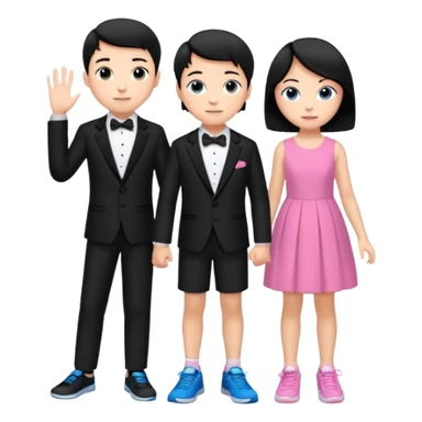 generate a pretty bratz fair skinned boy with short black hair wearing a black tux with blue sneakers with a girl in a pink dress sticker