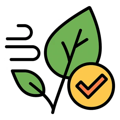 icon for emission cuts and environmental compliance featuring a leaf and checkmark, modern style sticker