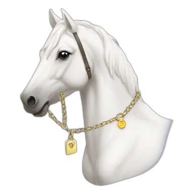 White stallion mustang wearing a key around the neck only necklace no mouth strap showing neck no lock sticker