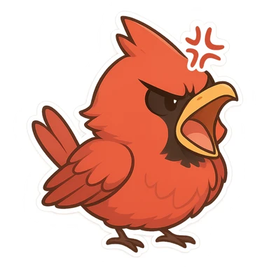 Chibi-style male cardinal yelling with open beak, feathers fluffed, exaggerated anime anger mark above eye. sticker