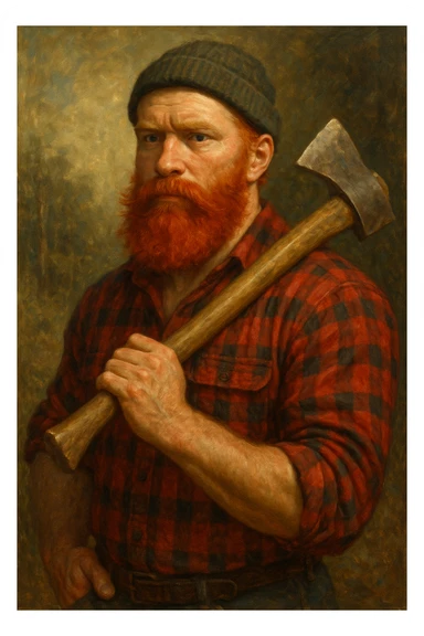 Сгенерируй мне дровосека у которого ярко красная борода в стиле реалистичной живописи sticker