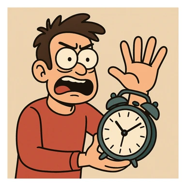 person holding a clock in one hand, counting to five with the other hand, clear and bold style sticker
