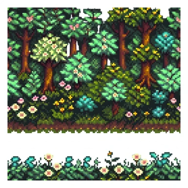 springtime forest with blooming flowers and green foliage in pixel art style sticker