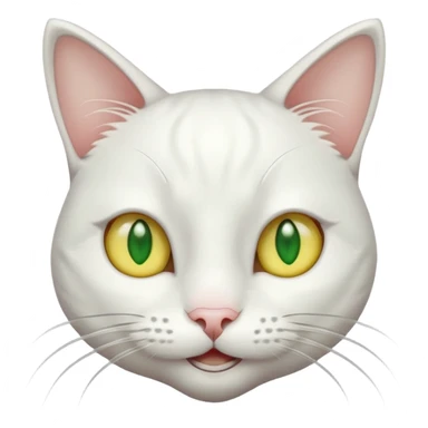 Realizar emoticonon de gato blanco con tonos gris claro solo carita sonriendo muy feliz ojos grandes de color verde con amarillos sus hijos  y bigotes largos  sticker