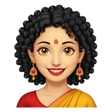 "- Phụ nữ
- 35 tuổi
- Da vàng
- Tóc đen xoăn nhẹ
- Có chấm đỏ Bindi, đeo khuyên tai
- Mặt cười
" sticker