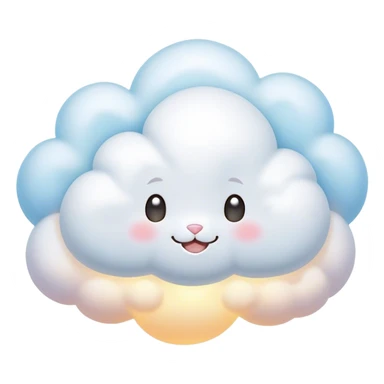 Cinematic tiny puffy bunny-shaped cloud, floating gently in the sky, soft glowing light, tiny rounded ears, smiling face, dreamy and magical. sticker