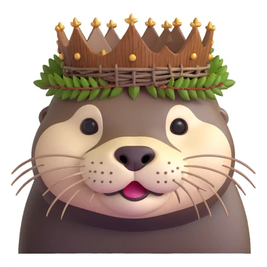 really cute confused otter face portrait with simple wooden thorny stem wrapped horizontally around its forehead like Jesus Crown of thorns, no metal, natural wood thorns, portrait painting style sticker