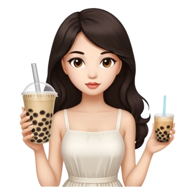 Beautiful woman in 1965’s woman fashion look, white dress, long dark brown hair, bubble tea sticker
