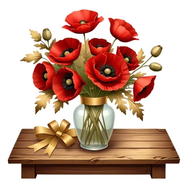 A lush bouquet of deep red poppies tied with a faded gold ribbon, resting on an antique wooden table. Warm brown leaves and golden sunlight add a vintage charm. sticker
