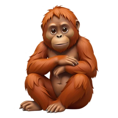 cinematic-orangutan-realistic-full-body-sitting-emoji,-massive-frame-relaxed-with-arms-folded-thoughtfully,-thick-orange-fur-flowing-in-the-breeze,-head-tilted-dramatically,-deep-dark-eyes-filled-with-ancient-wisdom,-simplified-yet-realistic-focused-features,-highly-detailed,-glowing-with-an-almost-sarcastic-glow sticker
