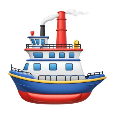 3D apple style emoji of a ship with simplified shapes, cartoon-like look, glossy finish, soft shadows, white background, featuring a red smokestack, blue hull, and recognizable windows sticker