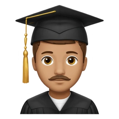 A young man with short brown hair, light brown skin, and a small mustache, wearing a black graduation cap with a gold tassel. sticker