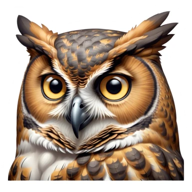Cinematic Noble Great Horned Owl Portrait Emoji, Poised and regal, with a commanding, broad build and a richly mottled plumage of grays, whites, and subtle browns, deep-set soulful golden eyes, Simplified yet sharp and sophisticated features, highly detailed, glowing with a soft, dignified glow, high shine, intelligent and enigmatic, stylized with an air of nocturnal majesty, focused and attentive, soft glowing outline, capturing the essence of a watchful and confident raptor, so majestic it feels as though it could silently swoop out of the screen with effortless authority! sticker