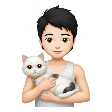 a pretty bratz boy with black hair and white sleeveless tank with a white persian cat smiling sticker