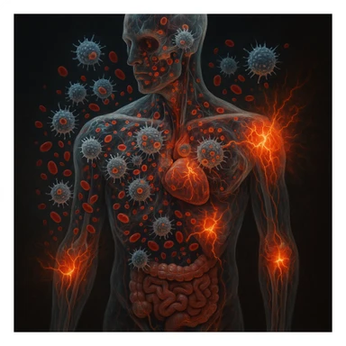 Symbolic representation of the human body from the inside, semi-realistic and anatomical. Immune cells attacking healthy tissue, red and white blood cells in conflict, glowing areas of inflammation and cellular confusion. Certain organs or joints subtly highlighted as targets with crackling energy or red flare to symbolize autoimmune damage. Dark background, vibrant biological detail, style between medical illustration and conceptual art, hyperrealistic 4K. sticker