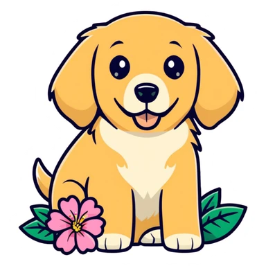Golden retriever with a pink hibiscus flower in ithair sticker
