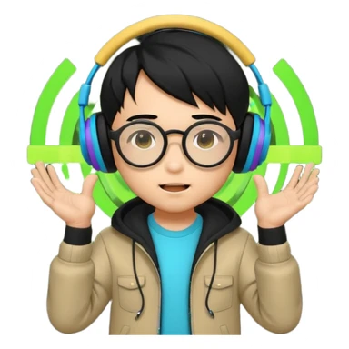 Chibi Japanese boy with black hair and round glasses, big headphones, vibing hard to electronic music, strong beat pulse lines around him, neon glow, exaggerated cartoon style, streaming emote. sticker