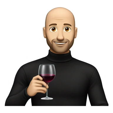 A handsome bald man with a short beard in a black turtleneck with a glass of wine sticker