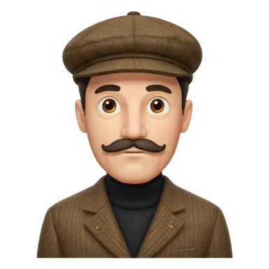 three quarter head profile huge mustache big sideburns sport coat black turtleneck tweed flat cap, squinting eyes trying to puzzle out sticker