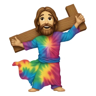 Jesus carrying a giant wooden cross that is rainbow colors like rainbow colors tiedye patterned on the entire cross  sticker