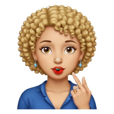 faça uma mulher com o cabelo curtinho cacheado com piercing no nariz e brincos e o dedo indicador no canto da boca sticker